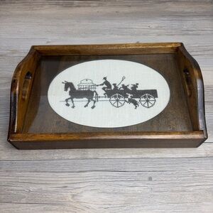 Cross stitch Horse and Buggy wood serving tray Vintage